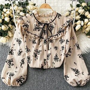 Floral Ruffle Blouse - Cream and Black